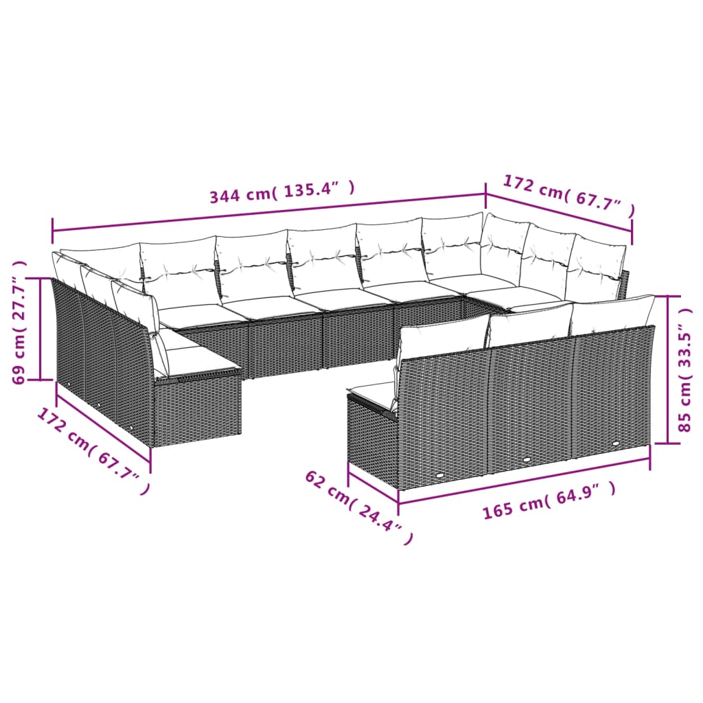 13 Pcs conjunto de sofás de jardim com almofadões vime PE preto