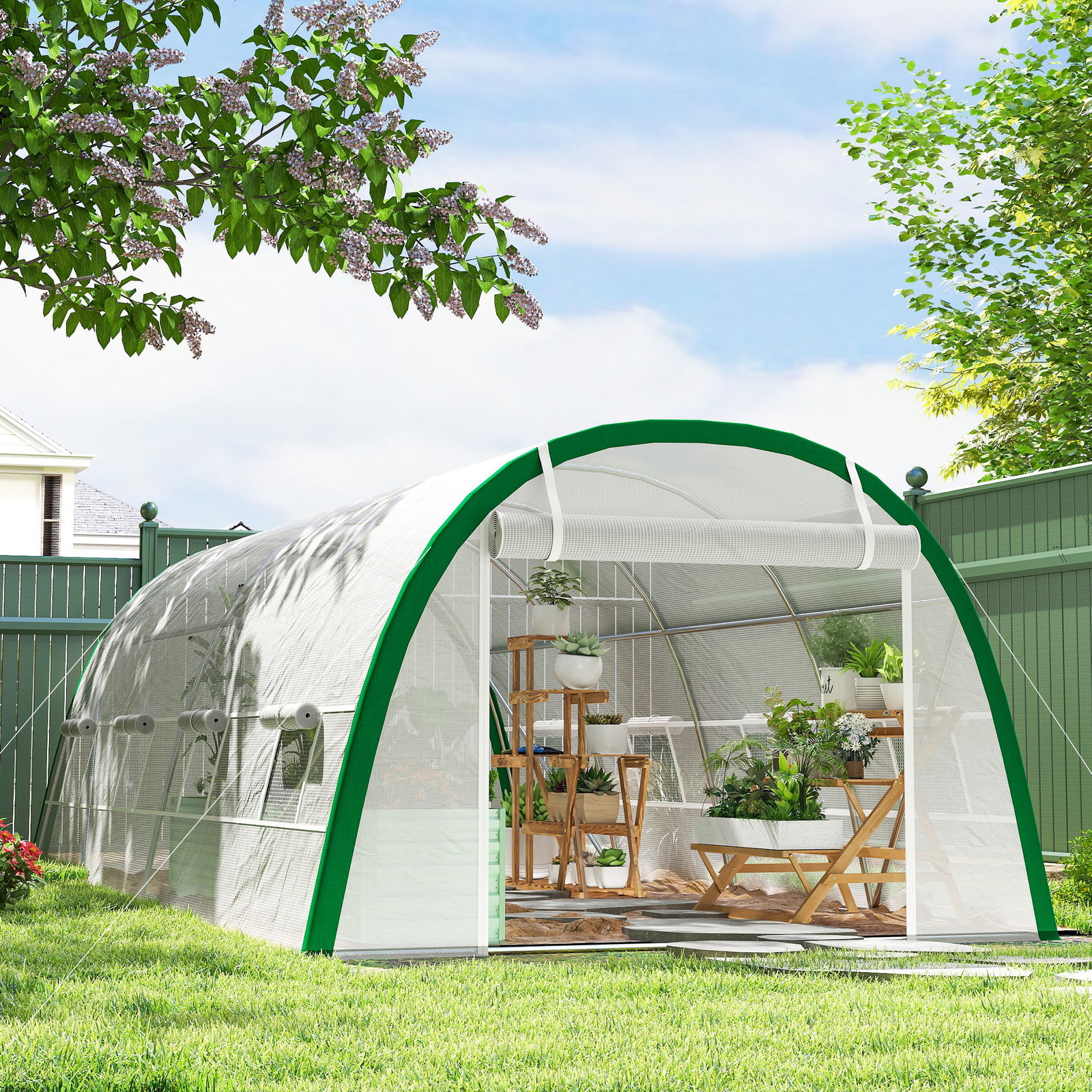 Estufa de exterior 6x3x2 m estufa de túnel com porta enrolável 8 janelas com rede cobertura PE 140g/m² estrutura em aço branco
