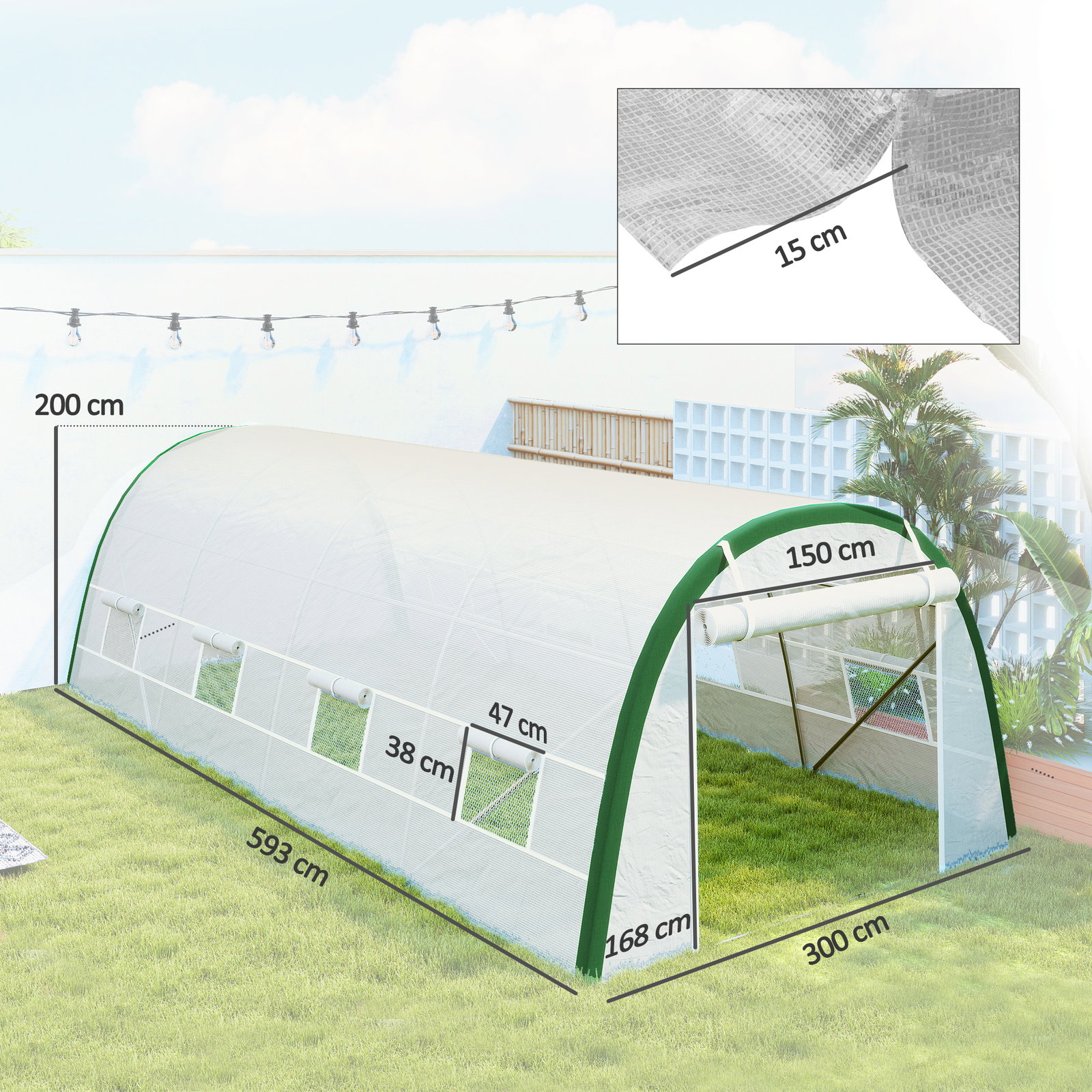 Estufa de exterior 6x3x2 m estufa de túnel com porta enrolável 8 janelas com rede cobertura PE 140g/m² estrutura em aço branco