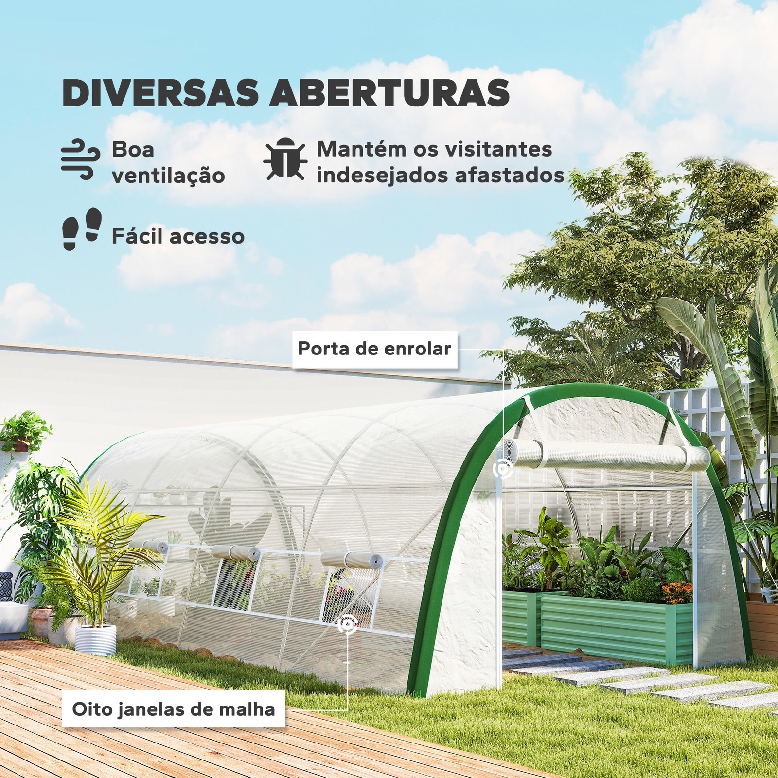 Estufa de exterior 6x3x2 m estufa de túnel com porta enrolável 8 janelas com rede cobertura PE 140g/m² estrutura em aço branco