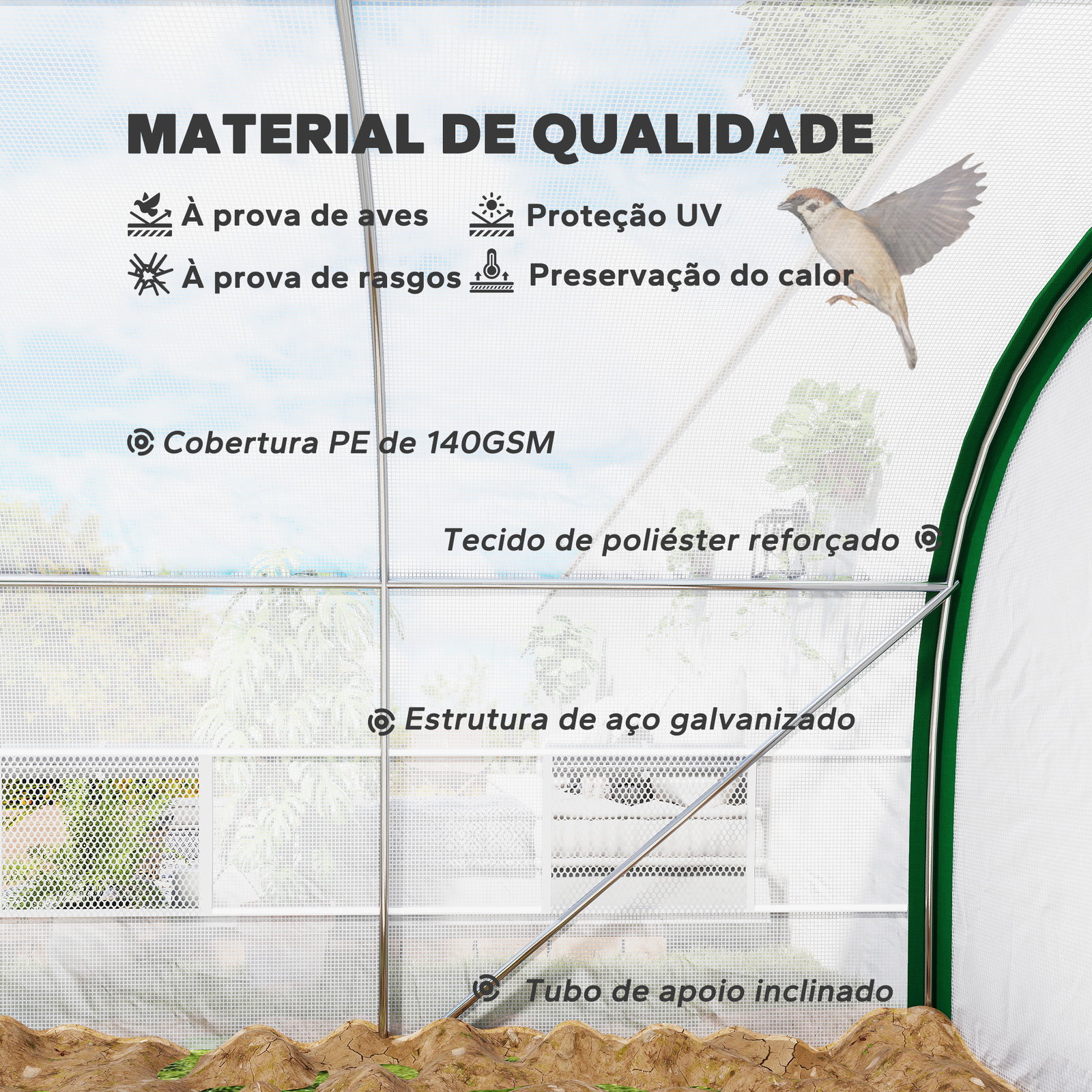 Estufa de exterior 6x3x2 m estufa de túnel com porta enrolável 8 janelas com rede cobertura PE 140g/m² estrutura em aço branco