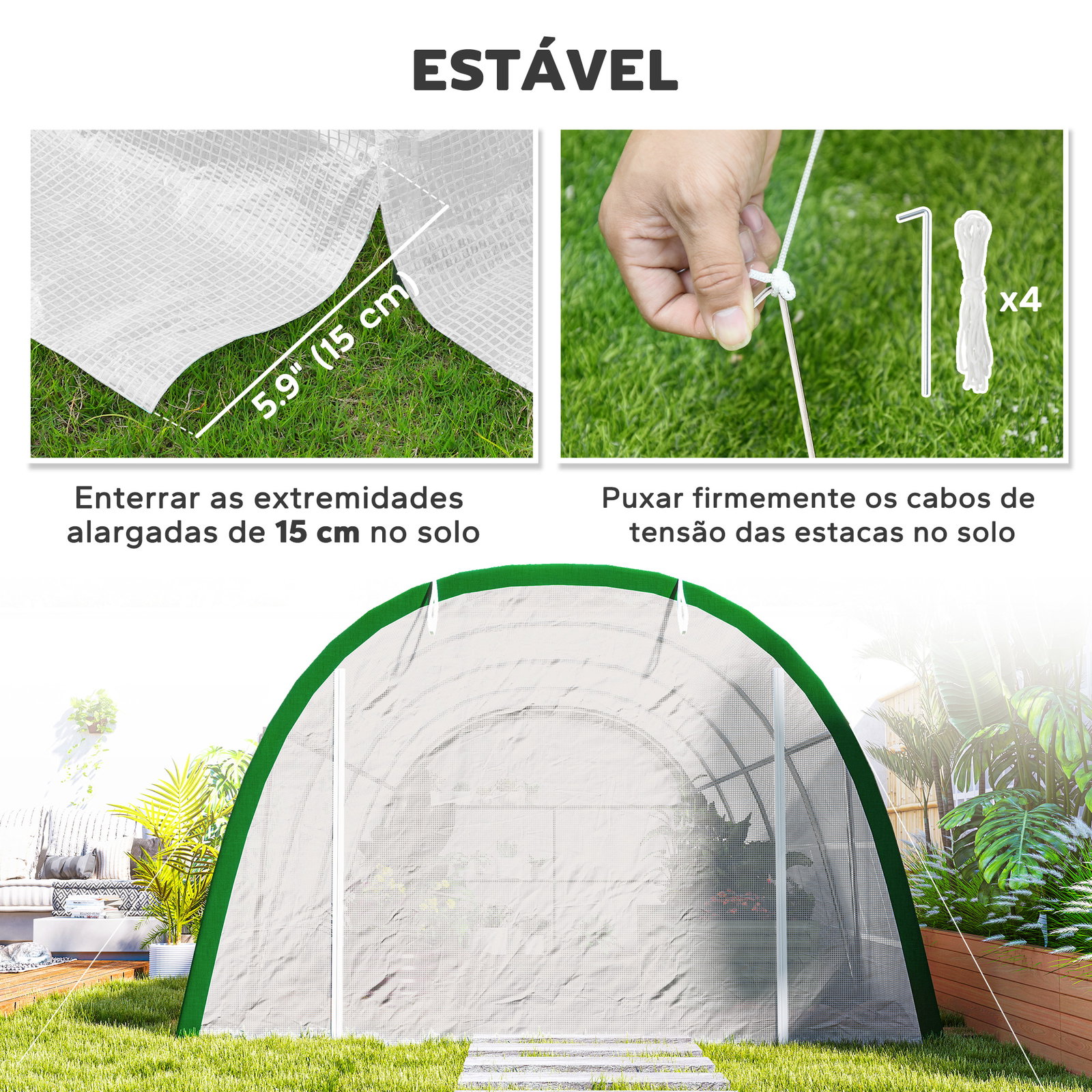 Estufa de exterior 6x3x2 m estufa de túnel com porta enrolável 8 janelas com rede cobertura PE 140g/m² estrutura em aço branco