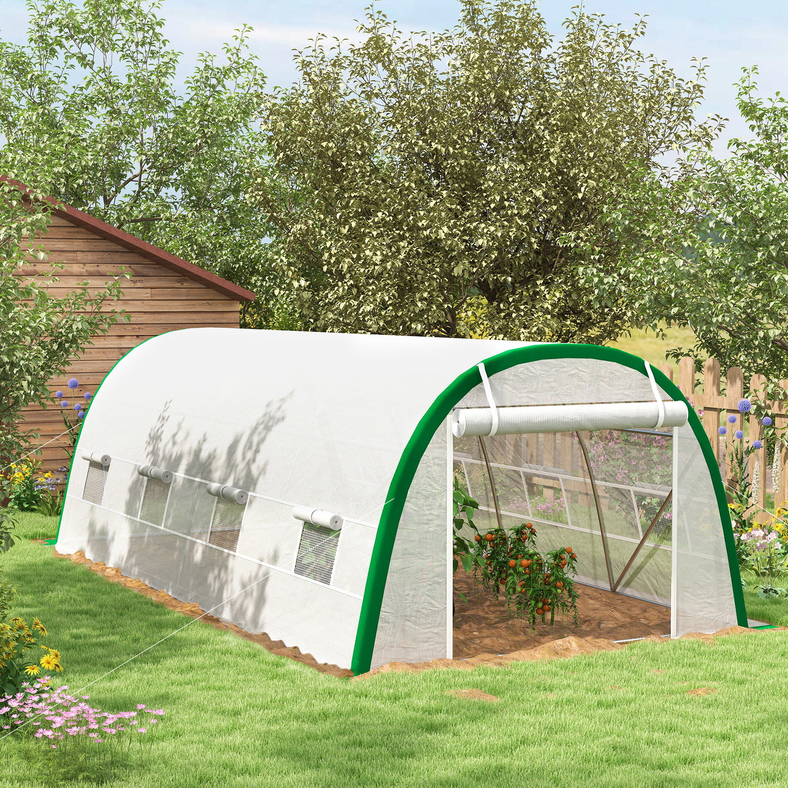 Estufa de exterior 6x3x2 m estufa de túnel com porta enrolável 8 janelas com rede cobertura PE 140g/m² estrutura em aço branco