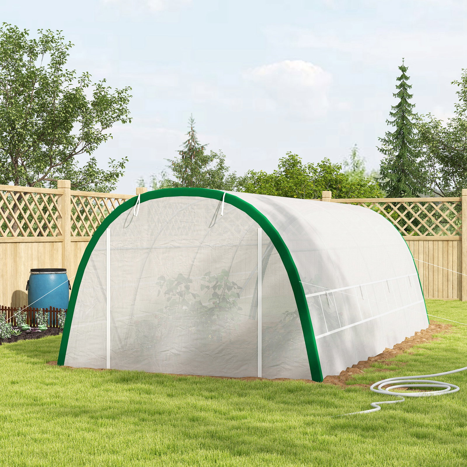 Estufa de exterior 6x3x2 m estufa de túnel com porta enrolável 8 janelas com rede cobertura PE 140g/m² estrutura em aço branco