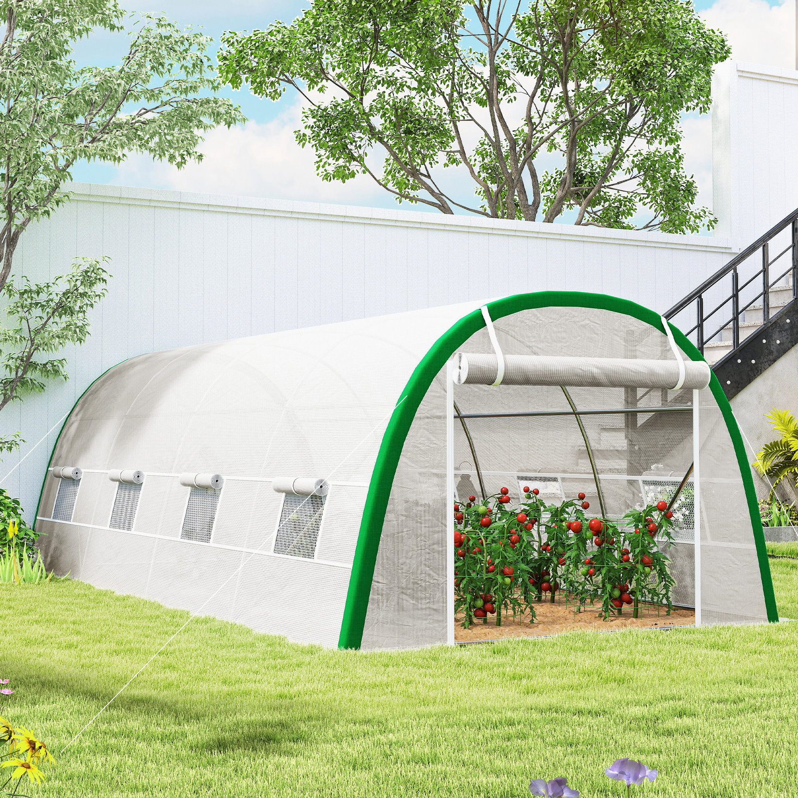 Estufa de exterior 6x3x2 m estufa de túnel com porta enrolável 8 janelas com rede cobertura PE 140g/m² estrutura em aço branco