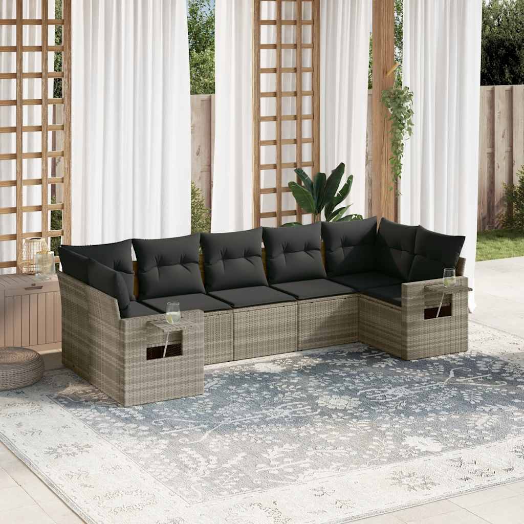 7 Pcs conj. sofás jardim com almofadões vime PE cinzento-claro