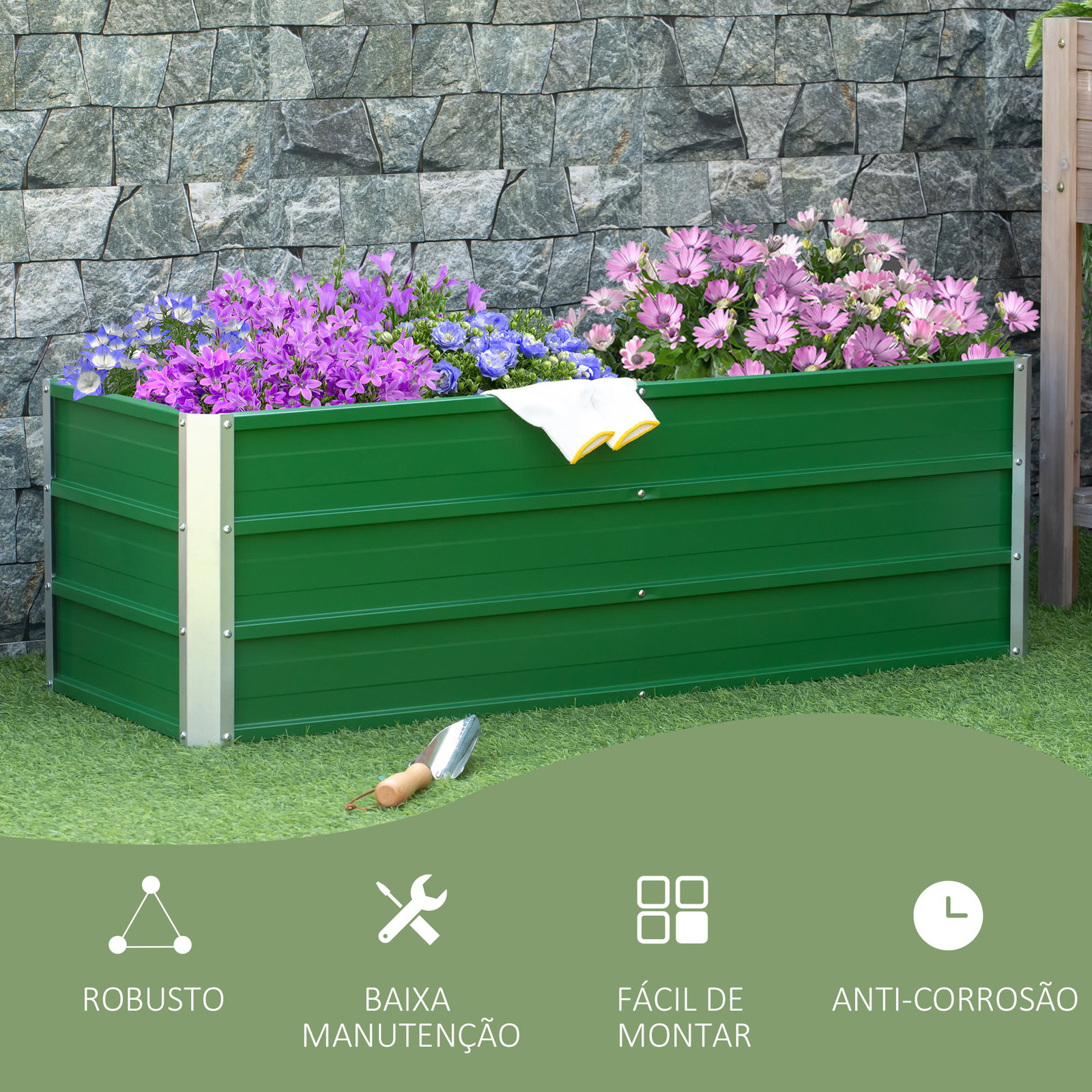 Caixa de Plantio de Aço com Luvas Caixa de Plantio Retangular para Cultivos de Plantas Flores para Terraço Jardim Exterior 125x4