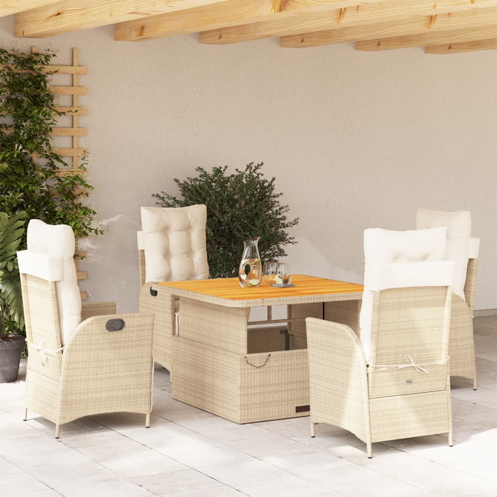 5 Pcs conjunto de jantar p/ jardim com almofadões vime PE bege