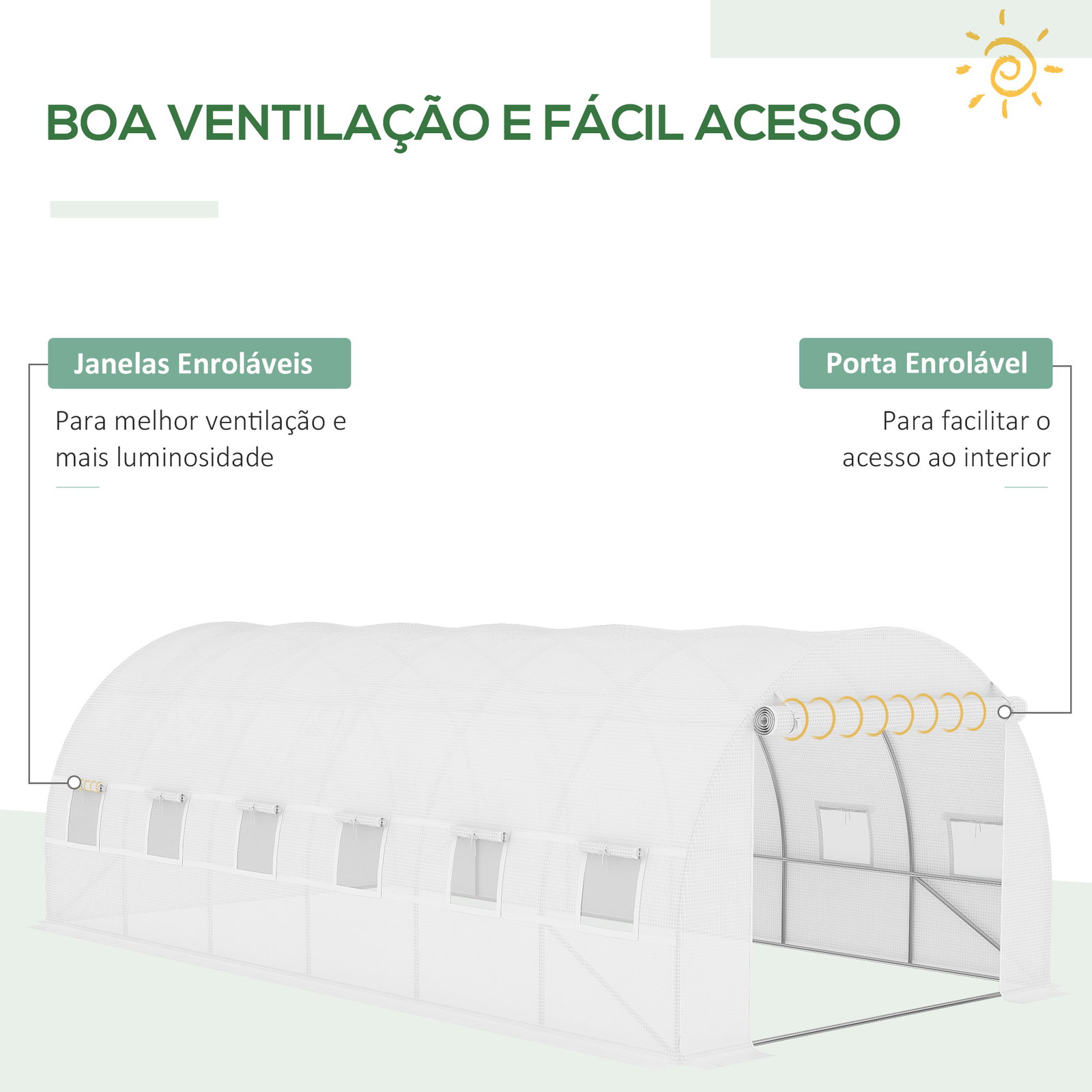 Cobertura de estufa de túnel 6x3x2m cobertura de substituição de estufa com 12 janelas e portas enroláveis branco