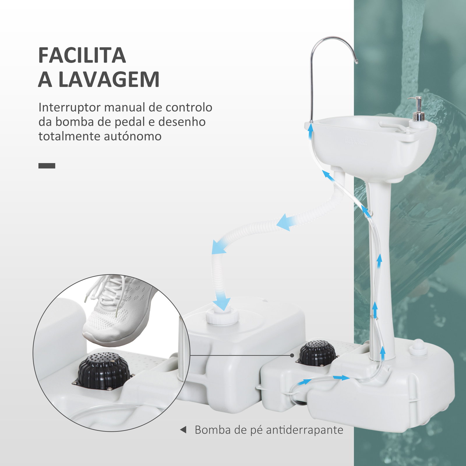 Lavatório Portátil para Campismo com Depósito de Recuperação de Água e Dispensador de Sabão 83x50x103 cm Cinza Claro