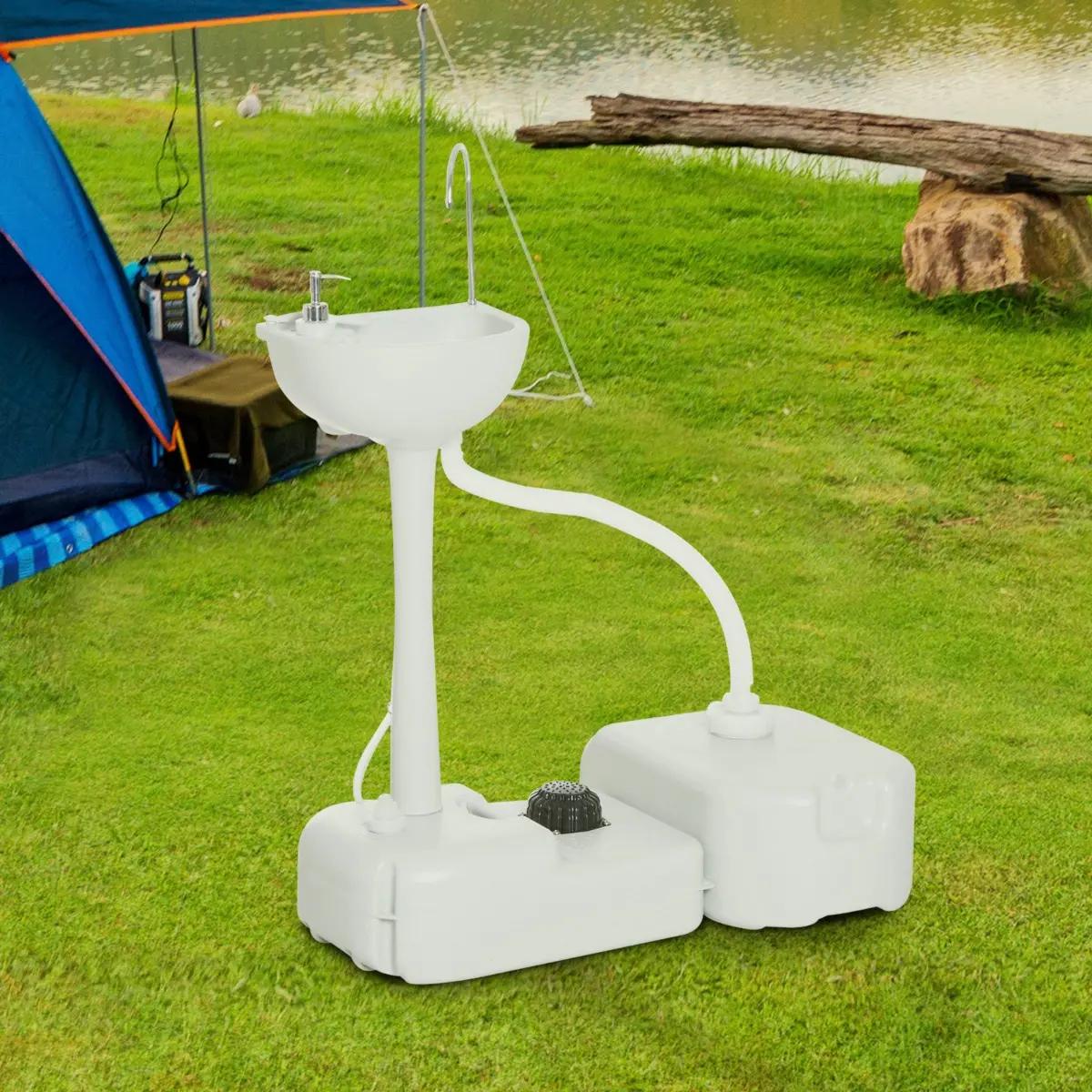 Lavatório Portátil para Campismo com Depósito de Recuperação de Água e Dispensador de Sabão 83x50x103 cm Cinza Claro