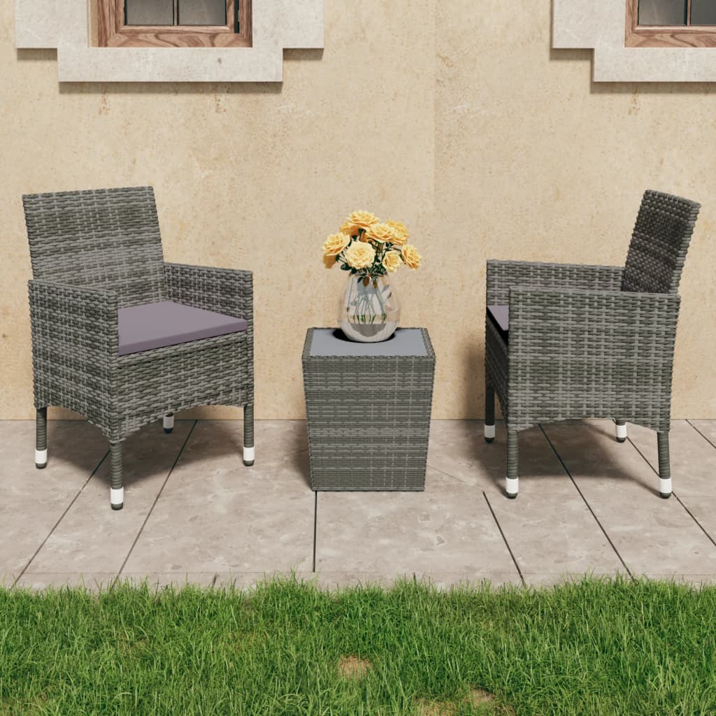 3 Pcs conjunto bistrô vime PE e vidro temperado cinzento
