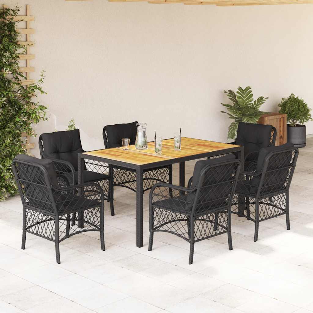 7 Pcs conjunto de jantar p/ jardim c/ almofadões vime PE preto