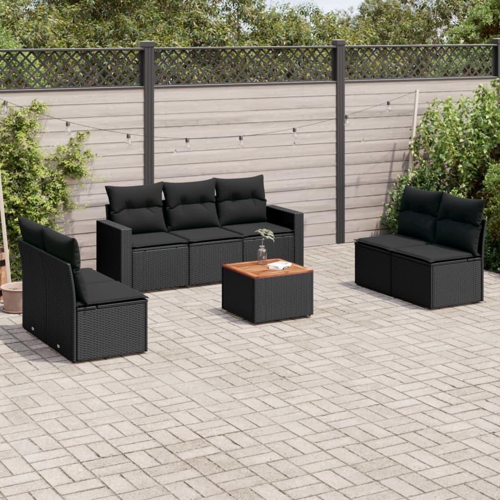 8 Pcs conjunto sofás de jardim com almofadões vime PE preto