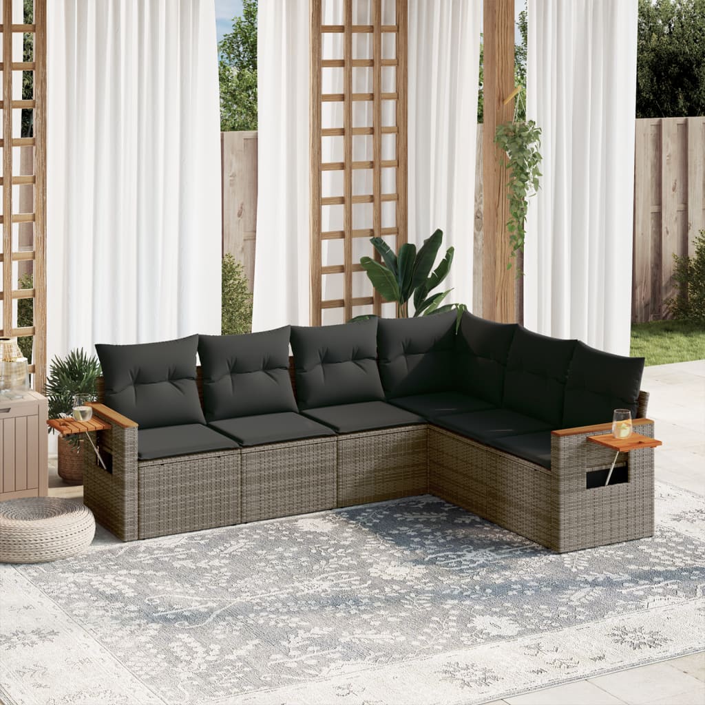 6 Pcs conjunto sofás de jardim com almofadões vime cinzento