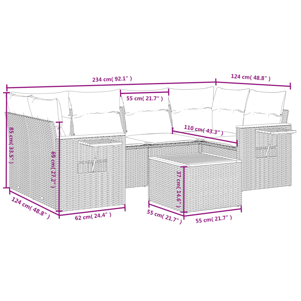 7 Pcs conjunto sofás p/ jardim c/ almofadões vime PE cinzento