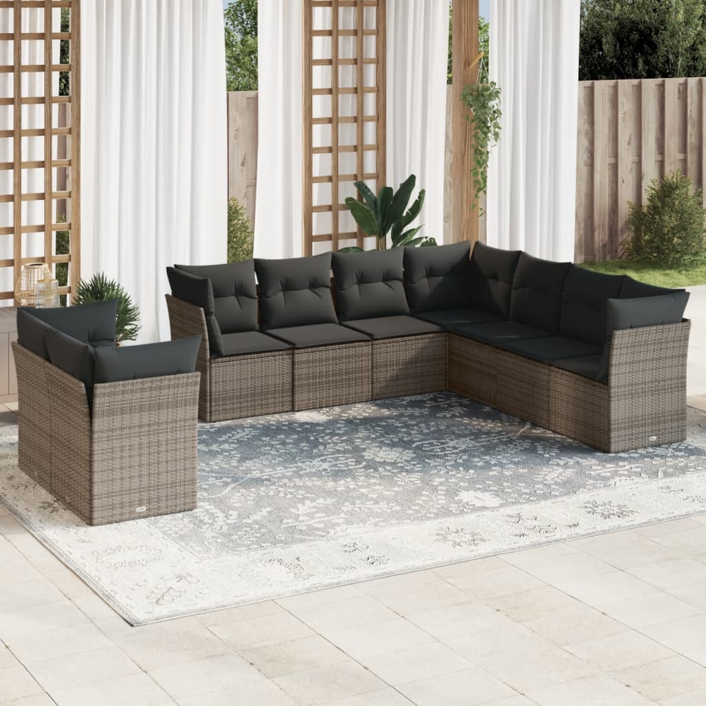 9 Pcs conjunto sofás p/ jardim com almofadões vime PE cinzento