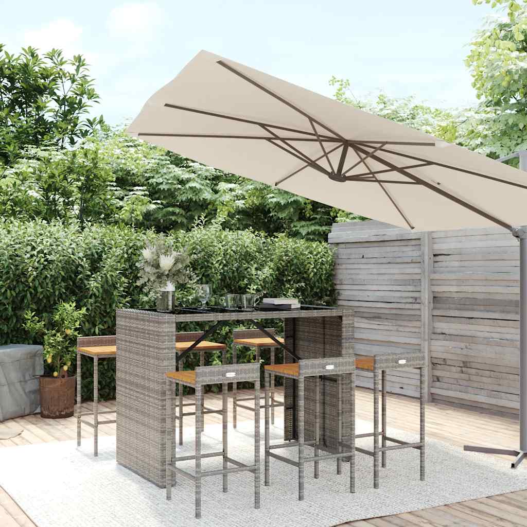 7 Pcs conjunto de bar p/ jardim vime PE/acácia maciça cinzento