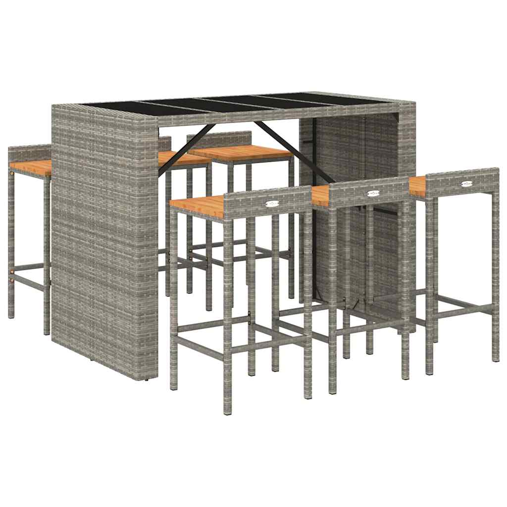7 Pcs conjunto de bar p/ jardim vime PE/acácia maciça cinzento