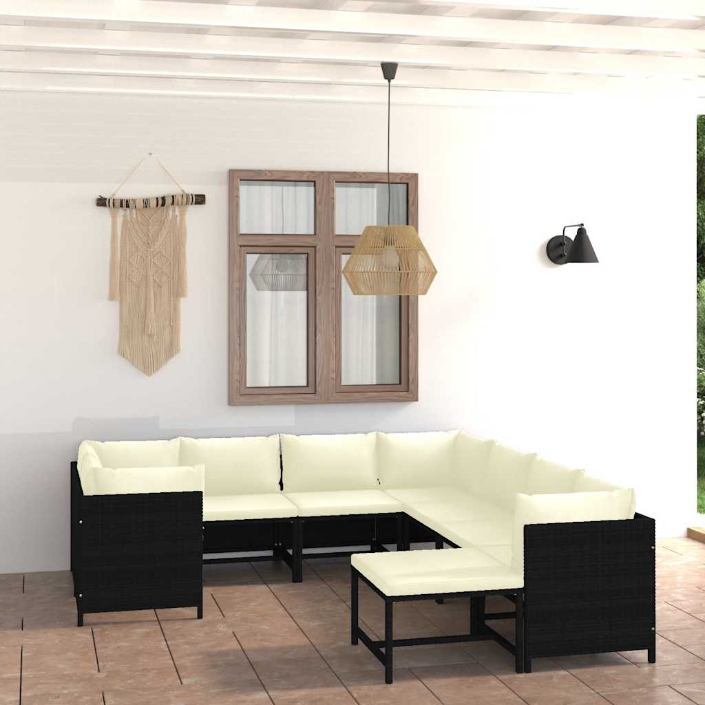 9 Pcs conjunto lounge de jardim c/ almofadões vime PE preto