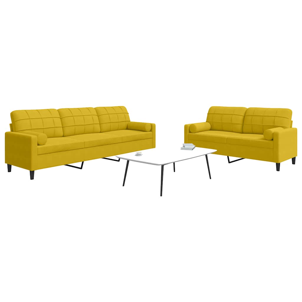 2 Pcs conjunto de sofás com almofadões e rolos veludo amarelo