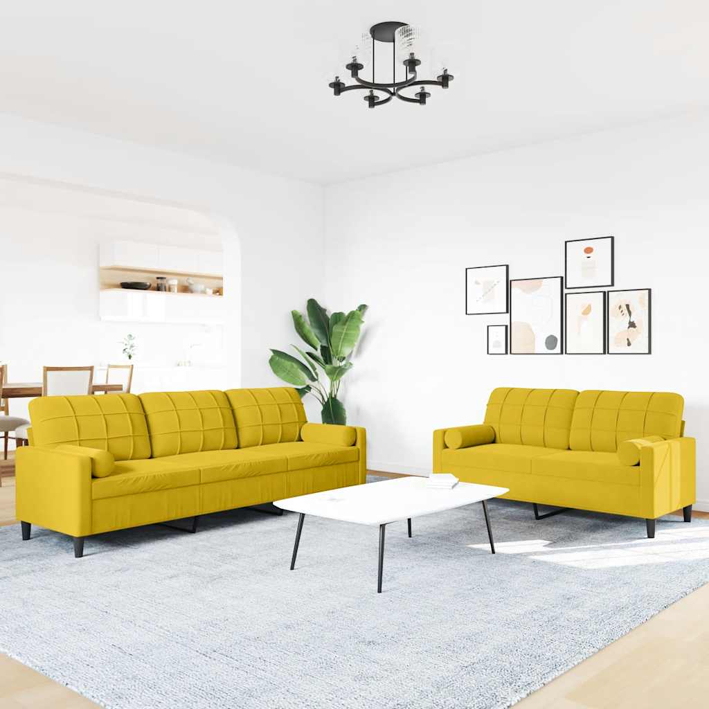 2 Pcs conjunto de sofás com almofadões e rolos veludo amarelo
