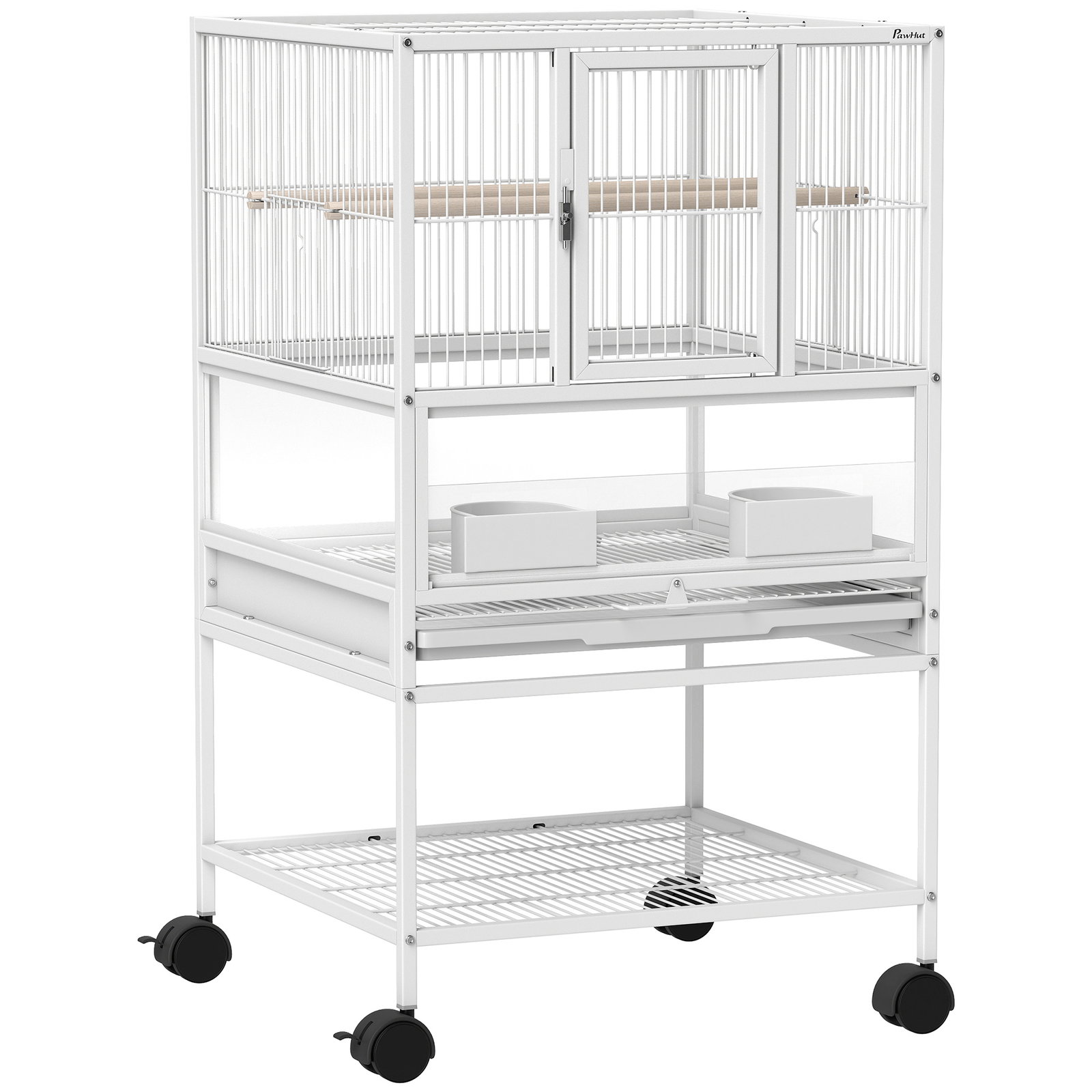 Gaiola para pássaros gaiola grande com rodas painéis acrílicos comedouros poleiros prateleira bandeja amovível gaiola para papagaios canários 48x46x83 cm branco
