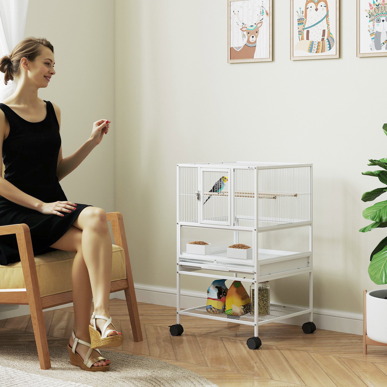 Gaiola para pássaros gaiola grande com rodas painéis acrílicos comedouros poleiros prateleira bandeja amovível gaiola para papagaios canários 48x46x83 cm branco
