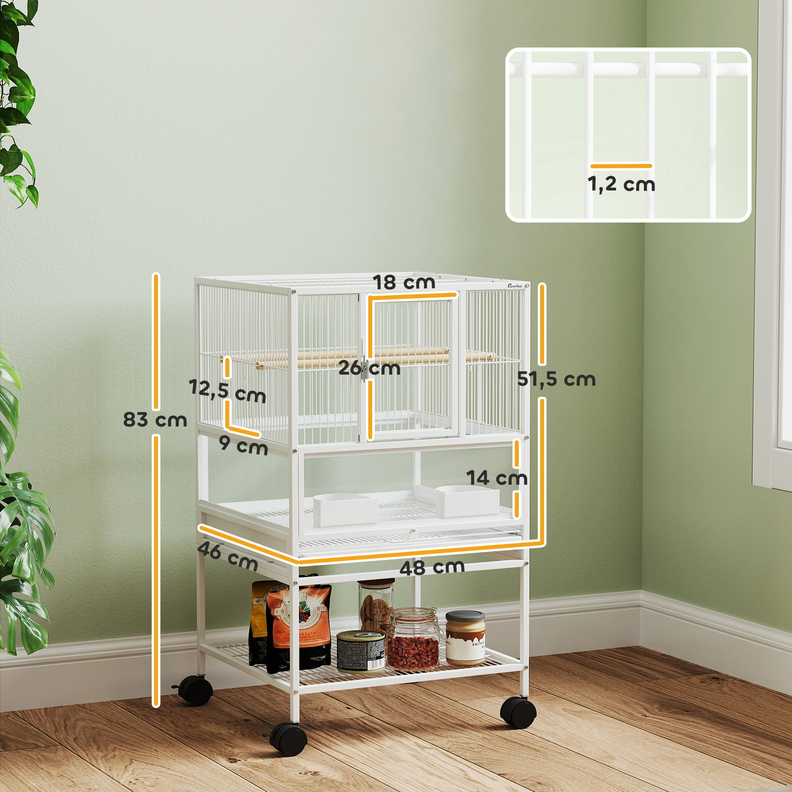 Gaiola para pássaros gaiola grande com rodas painéis acrílicos comedouros poleiros prateleira bandeja amovível gaiola para papagaios canários 48x46x83 cm branco