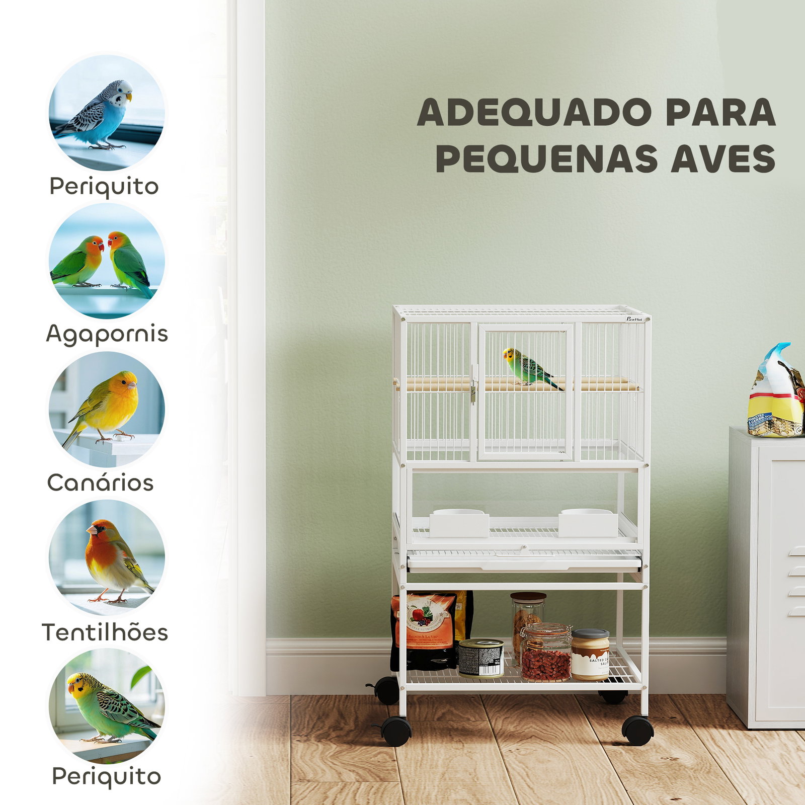 Gaiola para pássaros gaiola grande com rodas painéis acrílicos comedouros poleiros prateleira bandeja amovível gaiola para papagaios canários 48x46x83 cm branco