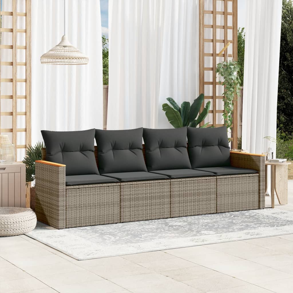 4 Pcs conjunto sofás de jardim c/ almofadões vime PE cinzento