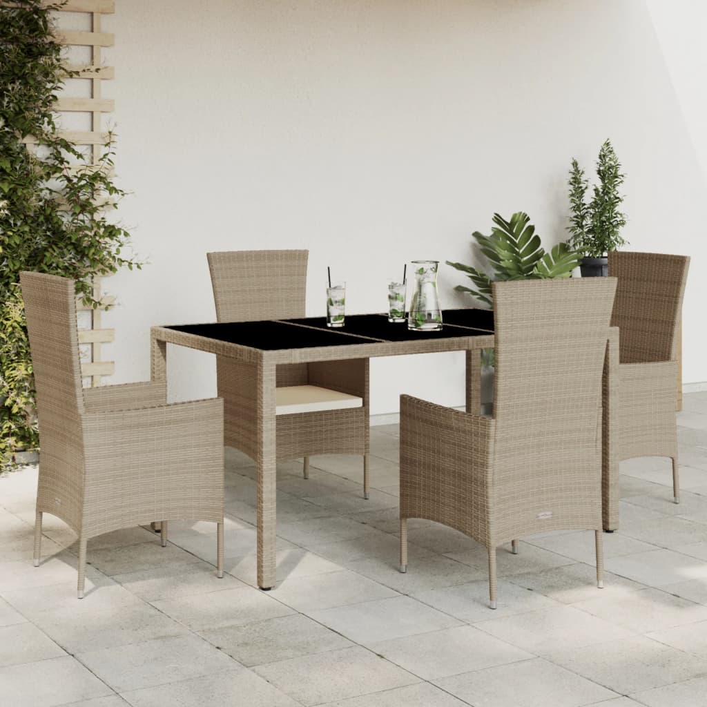 5 Pcs conjunto de jantar p/ jardim com almofadões vime PE bege
