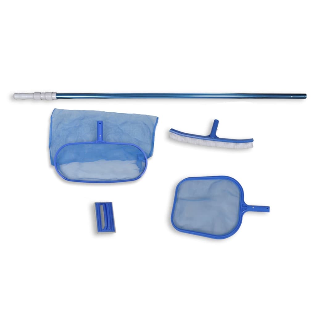 Kit limpeza de piscina, 1 escova, 2 apanha folhas, uma esponja e uma vara telescópica