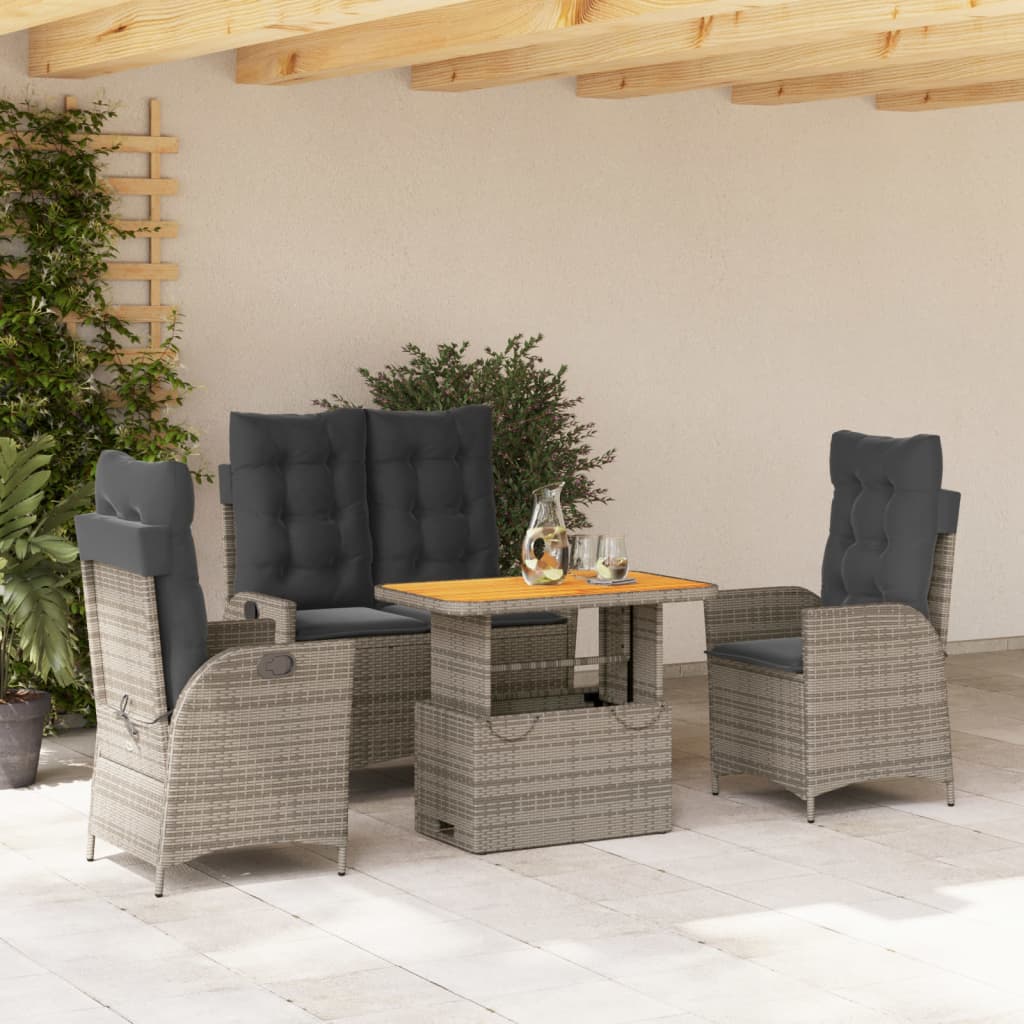 4 Pcs conjunto de jantar p/ jardim c/ almofadões vime PE cinza