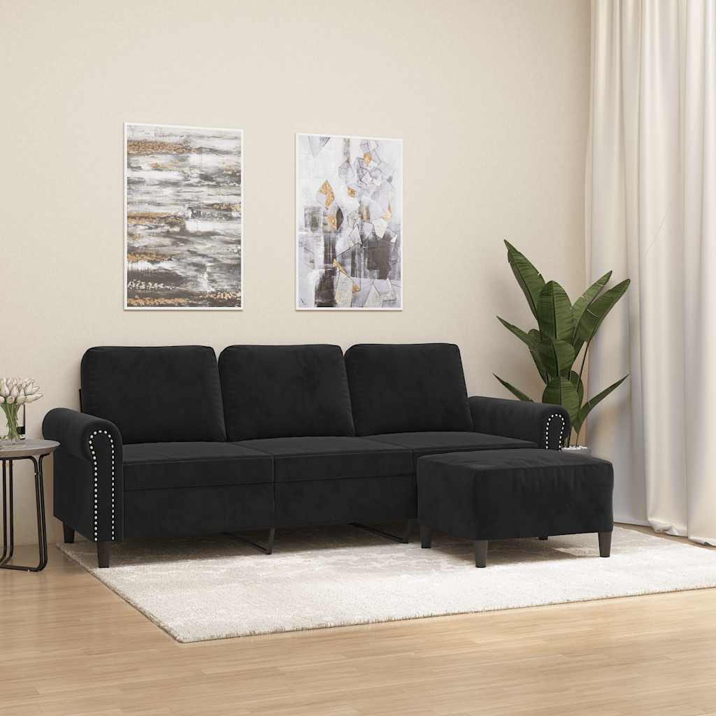 Sofá de 3 lugares com apoio de pés 180 cm veludo preto