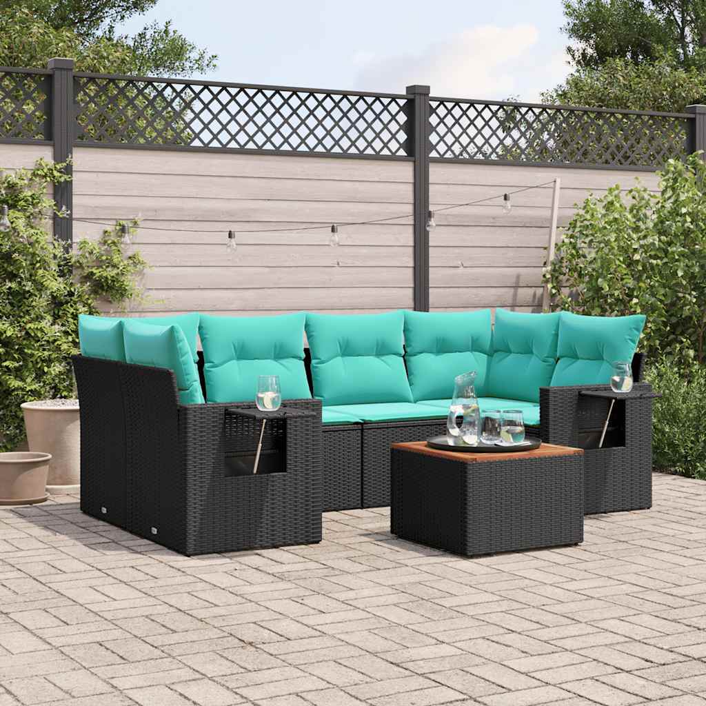 Conjunto de sofá de jardim com 7 peças e almofadas em rattan sintético preto