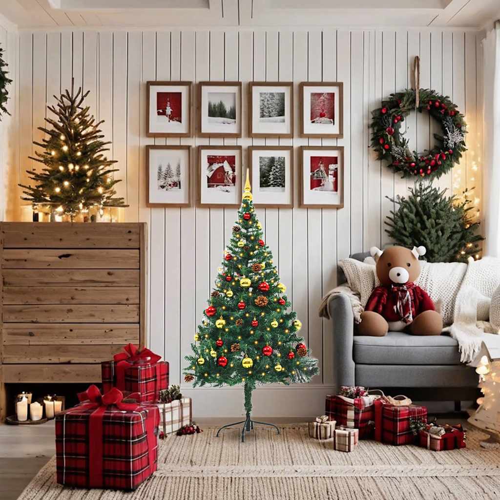 Árvore de natal artificial pré-iluminada + enfeites 150cm verde