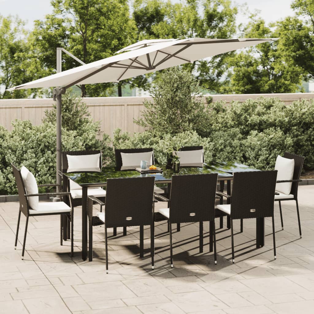 9 Pcs conjunto de jantar p/ jardim c/ almofadões vime PE preto