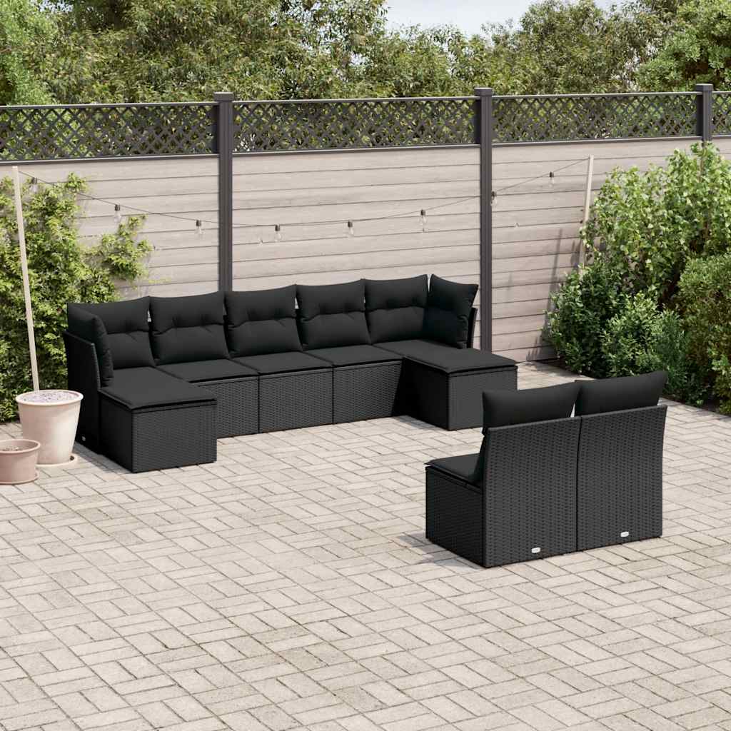 9 Pcs conjunto de sofás p/ jardim c/ almofadões vime PE preto