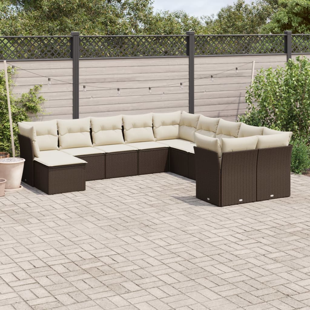 11 Pcs conjunto sofás de jardim c/ almofadões vime PE castanho