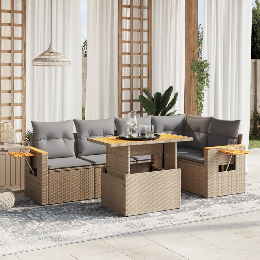 6 Pcs conjunto de sofás p/ jardim com almofadões vime PE bege