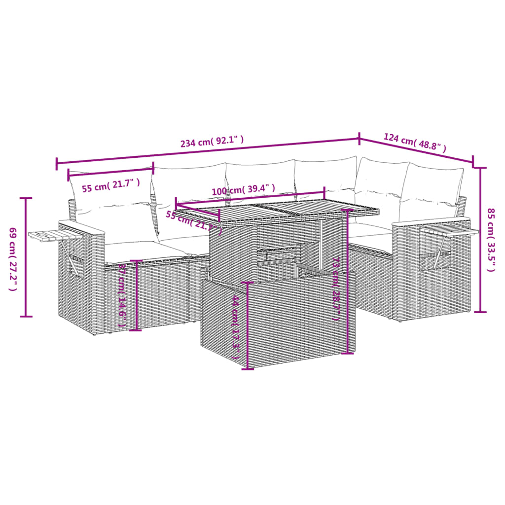 6 Pcs conjunto de sofás p/ jardim com almofadões vime PE bege