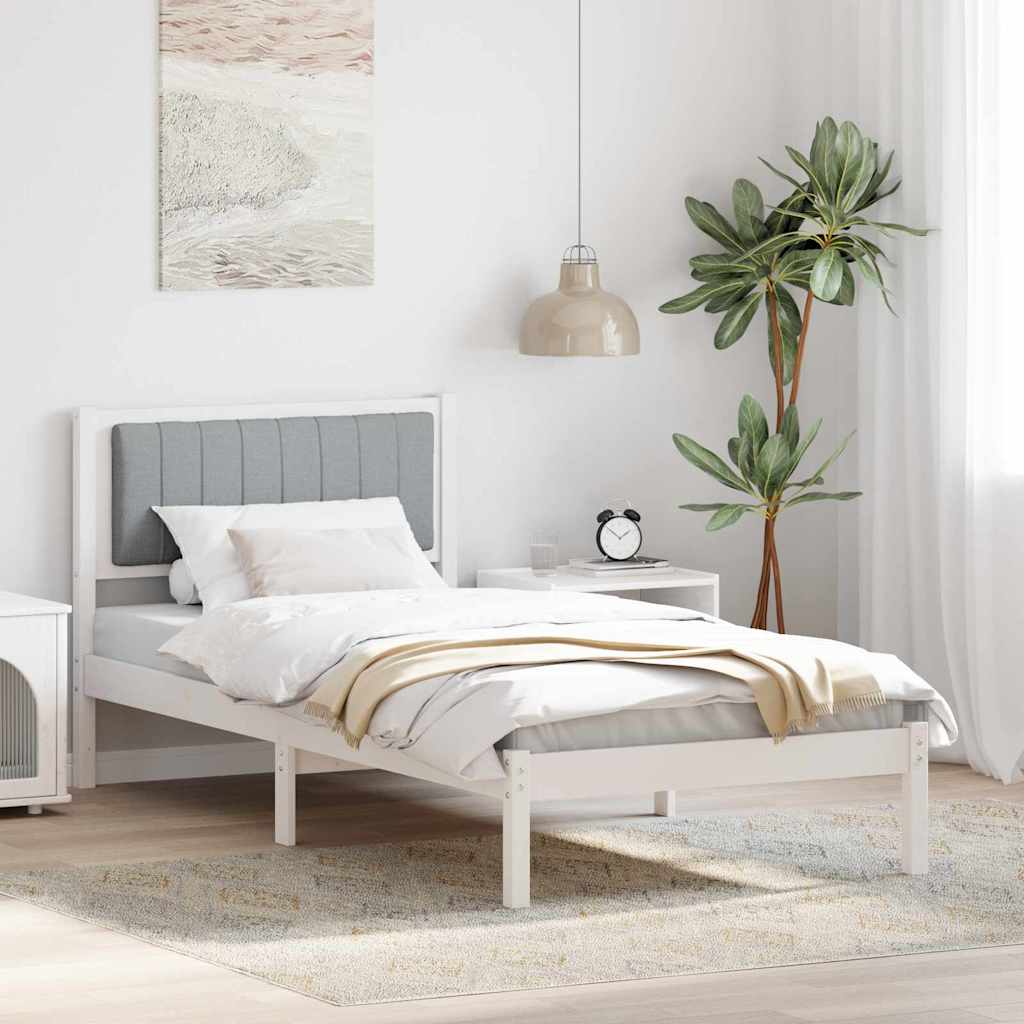 Estrutura de cama com cabeceira estofada cinzento-claro