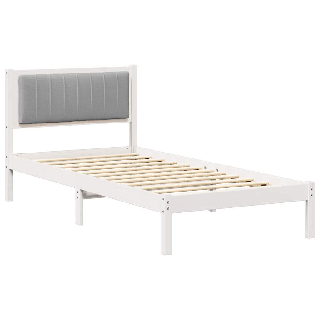 Estrutura de cama com cabeceira estofada cinzento-claro