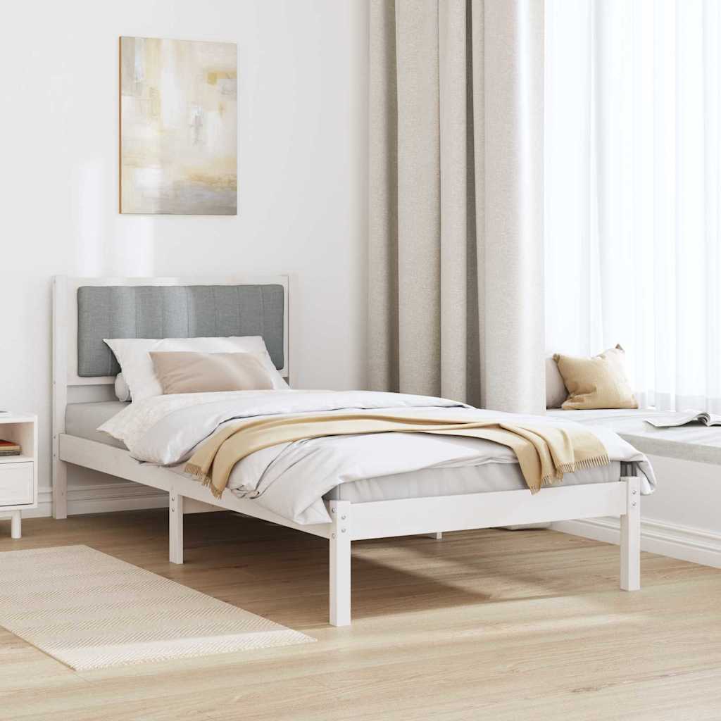 Estrutura de cama com cabeceira estofada cinzento-claro