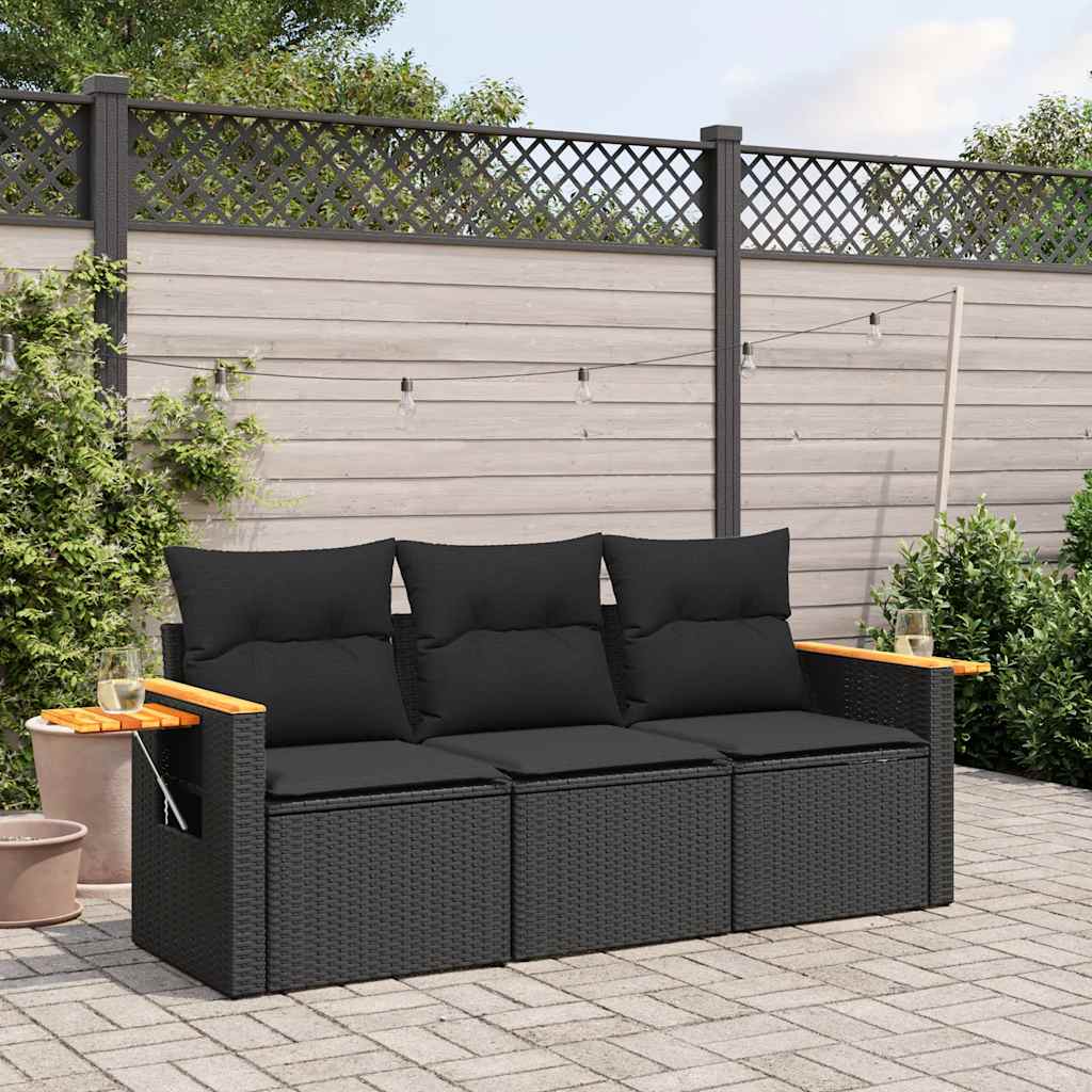 3 Pcs conjunto sofás de jardim com almofadões vime PE preto