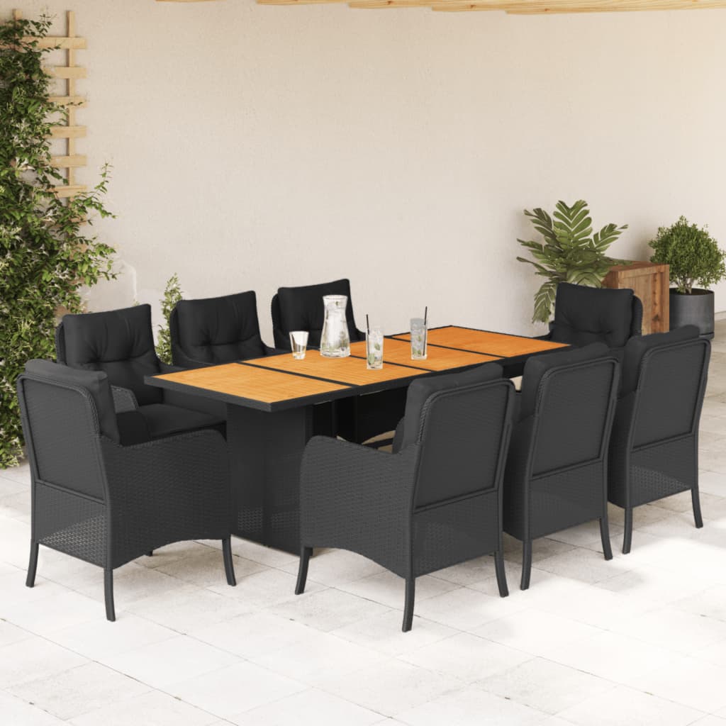 9 Pcs conjunto de jantar p/ jardim c/ almofadões vime PE preto