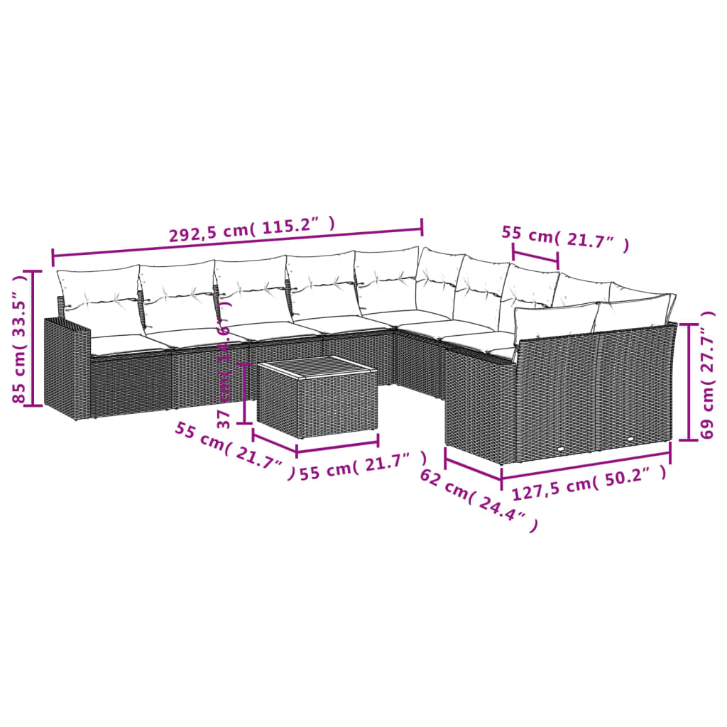 11 Pcs conjunto sofás de jardim c/ almofadões vime PE preto