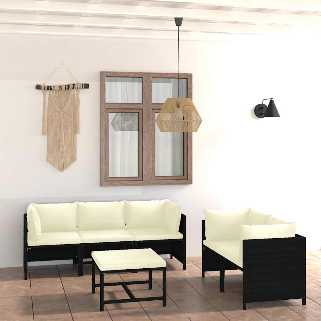 6 Pcs conjunto lounge de jardim c/ almofadões vime PE preto