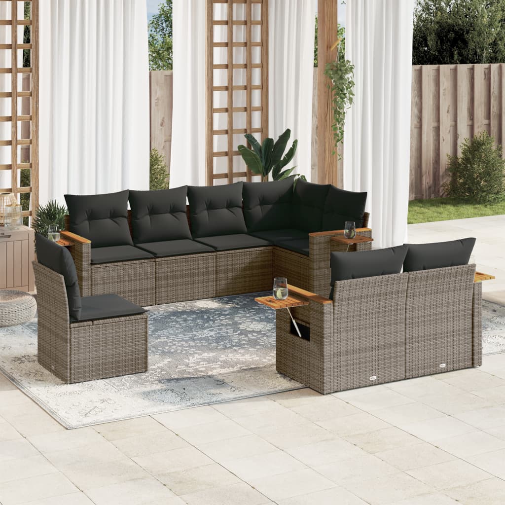 8 Pcs conjunto sofás de jardim c/ almofadões vime PE cinzento